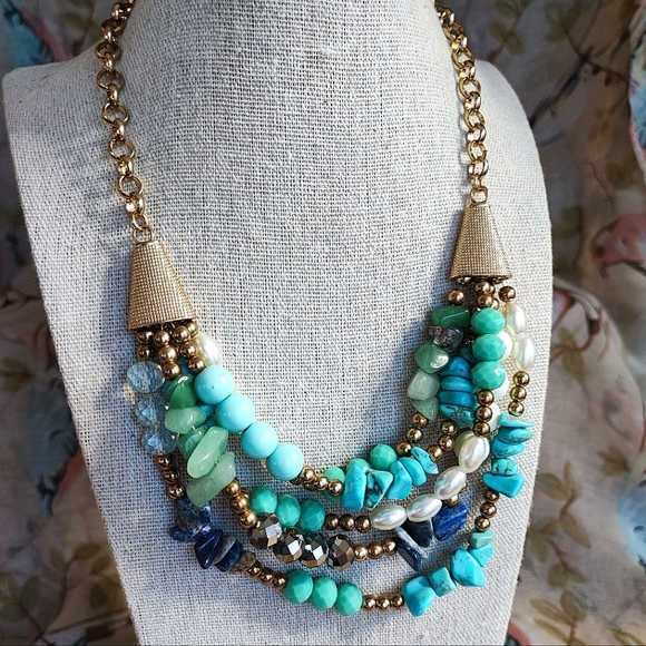 Turquoise Color Faux Pearl Beaded Sodalite Stone Multi Strand Gold Tone Necklace - Picture 1 of 12
